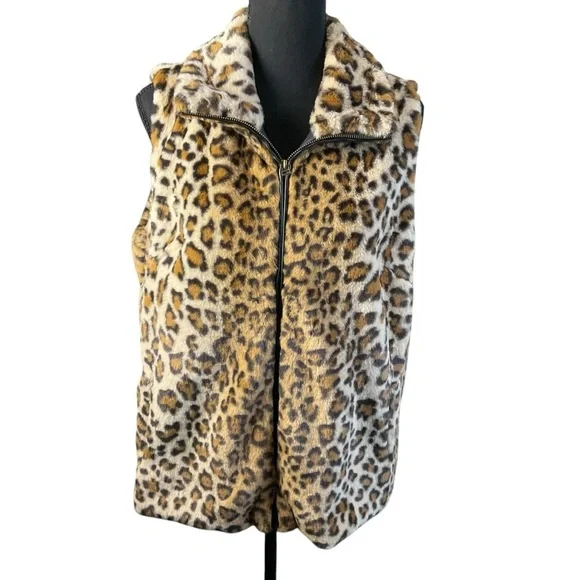 Fever Faux Fur Leopard Print Zip Vest – Size M - Picture 2 of 8